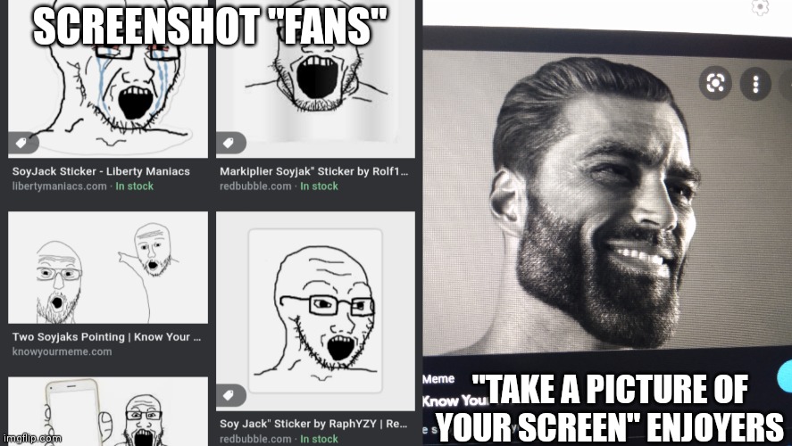 Just take a picture of your computer screen | SCREENSHOT "FANS"; "TAKE A PICTURE OF YOUR SCREEN" ENJOYERS | image tagged in chad vs soy | made w/ Imgflip meme maker