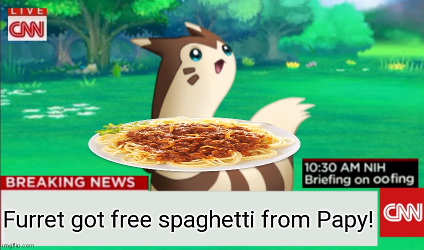Spaghetti for the furrets | Furret got free spaghetti from Papy! | image tagged in breaking news furret,furret,pokemon,cute animals | made w/ Imgflip meme maker