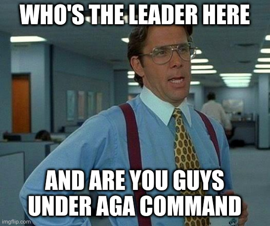 also megumin I'd like to talk to you | WHO'S THE LEADER HERE; AND ARE YOU GUYS UNDER AGA COMMAND | image tagged in memes,that would be great | made w/ Imgflip meme maker