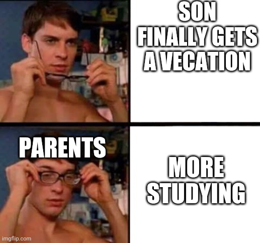 Peter Parker's Glasses | SON FINALLY GETS A VECATION; MORE STUDYING; PARENTS | image tagged in peter parker's glasses | made w/ Imgflip meme maker