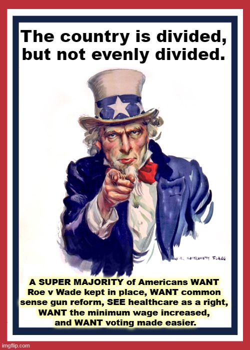 Fox News hasn't reported any of this, but it's all true. The right wing is definitely a minority, no matter how strident. | The country is divided, but not evenly divided. A SUPER MAJORITY of Americans WANT 
Roe v Wade kept in place, WANT common 
sense gun reform, SEE healthcare as a right, 
WANT the minimum wage increased, 
and WANT voting made easier. | image tagged in i want you uncle sam,america,abortion,gun control,healthcare,minimum wage | made w/ Imgflip meme maker