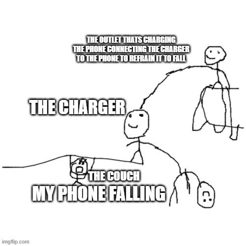 THE OUTLET THATS CHARGING THE PHONE CONNECTING THE CHARGER TO THE PHONE TO REFRAIN IT TO FALL; THE COUCH | image tagged in memes | made w/ Imgflip meme maker