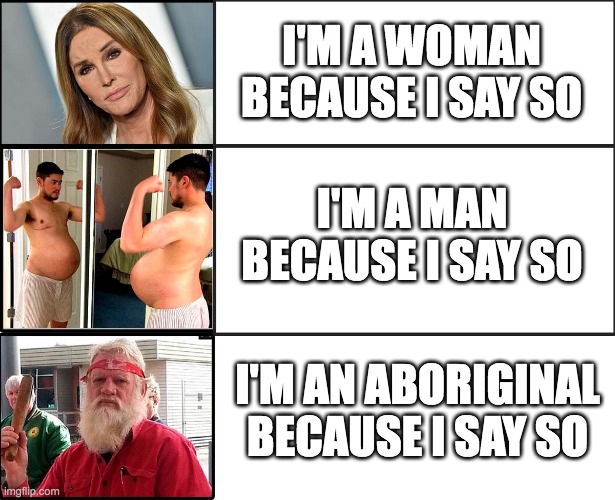 Bruce Pacoe is Aboriginal Because He Says So | I'M A WOMAN BECAUSE I SAY SO; I'M A MAN BECAUSE I SAY SO; I'M AN ABORIGINAL BECAUSE I SAY SO | image tagged in because i say so,bruce pascoe,australia,meanwhile in australia,caitlyn jenner,brucaitlyn jenner | made w/ Imgflip meme maker