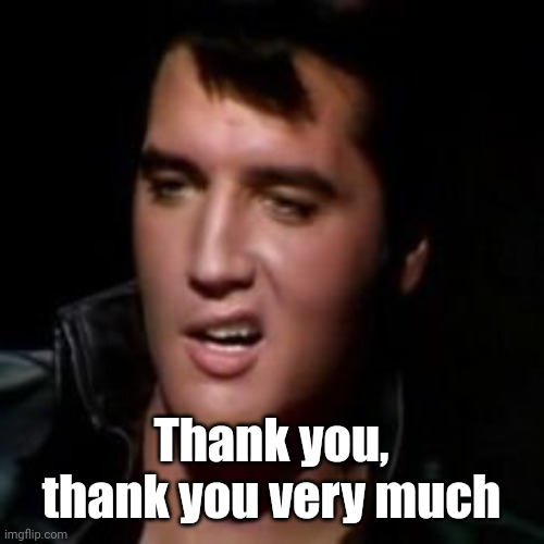 Elvis, thank you | Thank you, thank you very much | image tagged in elvis thank you | made w/ Imgflip meme maker