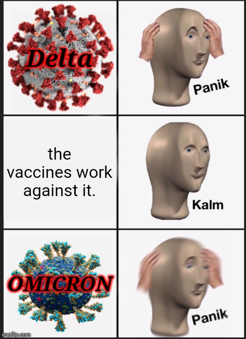 bruh | Delta; the vaccines work against it. OMICRON | image tagged in memes,panik kalm panik,delta,omicron,coronavirus,covid-19 | made w/ Imgflip meme maker