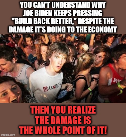 Sudden Clarity Clarence Meme | YOU CAN'T UNDERSTAND WHY JOE BIDEN KEEPS PRESSING "BUILD BACK BETTER," DESPITE THE DAMAGE IT'S DOING TO THE ECONOMY; THEN YOU REALIZE THE DAMAGE IS THE WHOLE POINT OF IT! | image tagged in memes,sudden clarity clarence,joe biden,build back better,economy,inflation | made w/ Imgflip meme maker