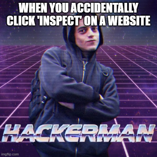 hackerman |  WHEN YOU ACCIDENTALLY CLICK 'INSPECT' ON A WEBSITE | image tagged in hackerman | made w/ Imgflip meme maker