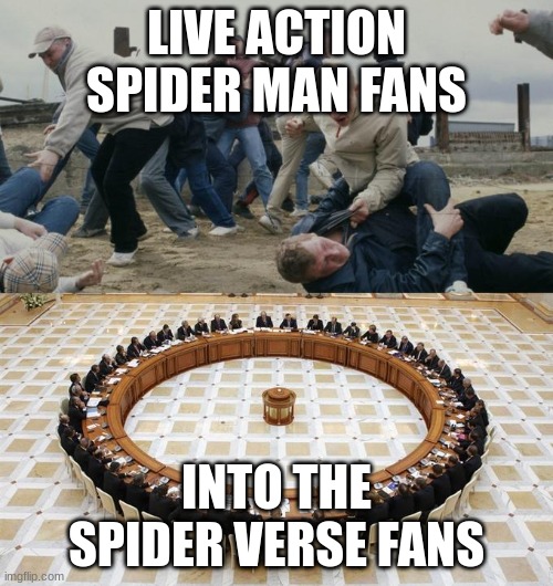 Spider man fans be like- | LIVE ACTION SPIDER MAN FANS; INTO THE SPIDER VERSE FANS | image tagged in men discussing men fighting | made w/ Imgflip meme maker