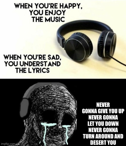 :) | NEVER GONNA GIVE YOU UP
NEVER GONNA LET YOU DOWN
NEVER GONNA TURN AROUND AND
DESERT YOU | image tagged in when you re happy you enjoy the music,rickroll,music | made w/ Imgflip meme maker