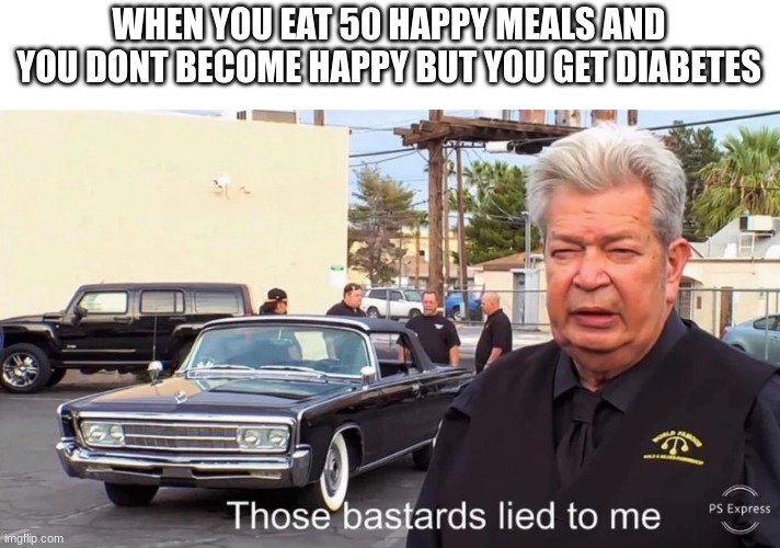 Those Basterds lied to me | WHEN YOU EAT 50 HAPPY MEALS AND YOU DONT BECOME HAPPY BUT YOU GET DIABETES | image tagged in those basterds lied to me | made w/ Imgflip meme maker