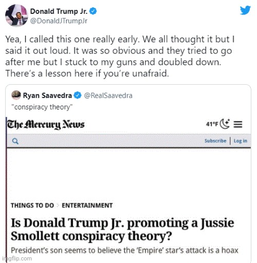 Is Donald Trump Jr. Promoting a Jussie Smollett Conspiracy Theory... | image tagged in jussie smollett,prison,racist,triggered liberal,triggered,homosexual | made w/ Imgflip meme maker