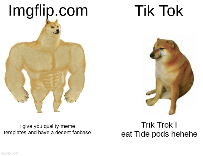 Buff Doge vs. Cheems Meme | Imgflip.com Tik Tok I give you quality meme templates and have a decent fanbase Trik Trok I eat Tide pods hehehe | image tagged in memes,buff doge vs cheems | made w/ Imgflip meme maker