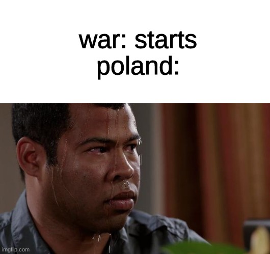 polska | war: starts
poland: | image tagged in memes,blank transparent square,sweating bullets | made w/ Imgflip meme maker