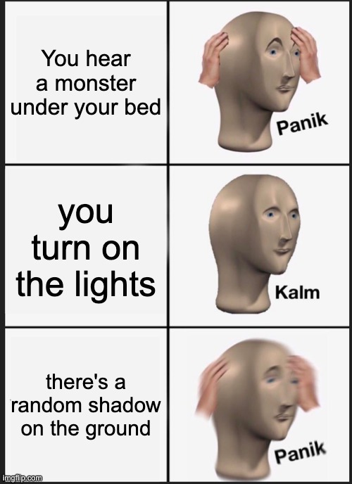 idk wut to name this srry | You hear a monster under your bed; you turn on the lights; there's a random shadow on the ground | image tagged in memes,panik kalm panik | made w/ Imgflip meme maker