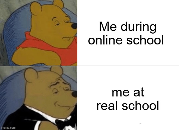 school | Me during online school; me at real school | image tagged in memes,tuxedo winnie the pooh | made w/ Imgflip meme maker