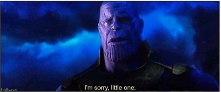 Thanos I'm sorry little one | image tagged in thanos i'm sorry little one | made w/ Imgflip meme maker