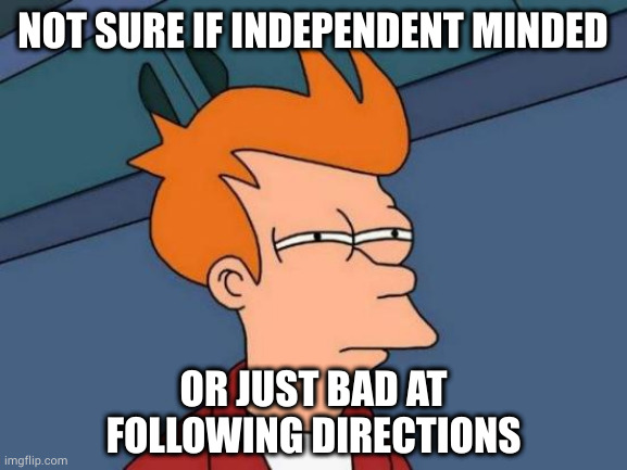 Just play it off as a deliberate act of non-conformity | NOT SURE IF INDEPENDENT MINDED; OR JUST BAD AT
FOLLOWING DIRECTIONS | image tagged in memes,futurama fry | made w/ Imgflip meme maker