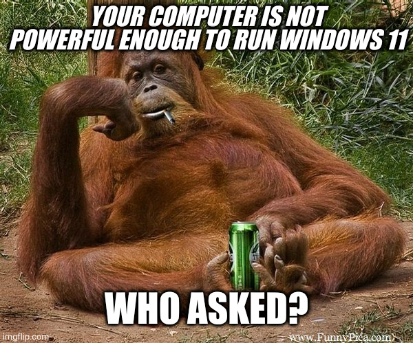 Windows 11 - who asked? | YOUR COMPUTER IS NOT POWERFUL ENOUGH TO RUN WINDOWS 11; WHO ASKED? | image tagged in who asked | made w/ Imgflip meme maker