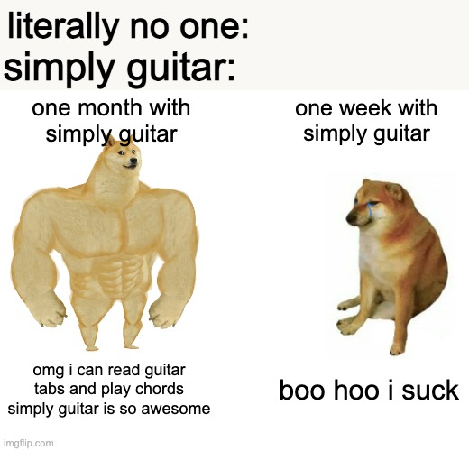 simply guitar ads in a nutshell | literally no one:; simply guitar:; one month with simply guitar; one week with simply guitar; omg i can read guitar tabs and play chords simply guitar is so awesome; boo hoo i suck | image tagged in memes,buff doge vs cheems,advertisement,guitar | made w/ Imgflip meme maker