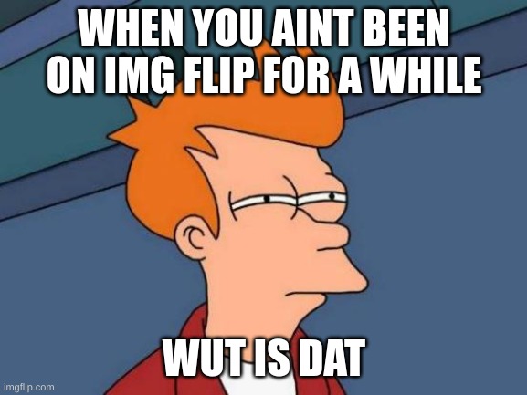 Futurama Fry | WHEN YOU AINT BEEN ON IMG FLIP FOR A WHILE; WUT IS DAT | image tagged in memes,futurama fry | made w/ Imgflip meme maker