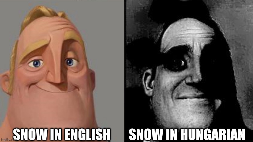 Please don't search snow in Hungarian | SNOW IN ENGLISH; SNOW IN HUNGARIAN | image tagged in traumatized mr incredible | made w/ Imgflip meme maker