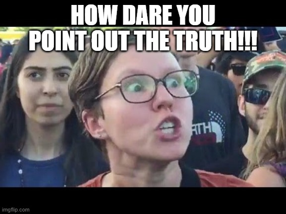 Angry sjw | HOW DARE YOU POINT OUT THE TRUTH!!! | image tagged in angry sjw | made w/ Imgflip meme maker