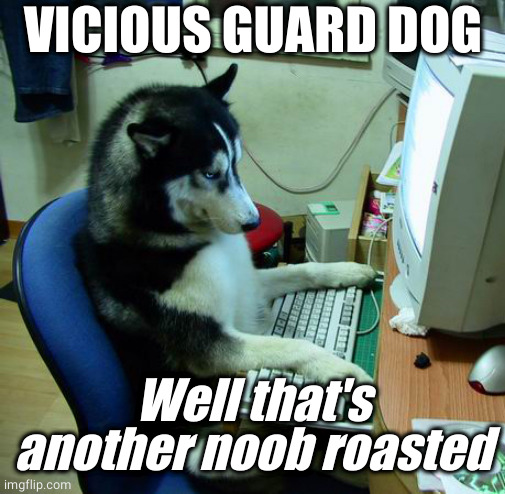 I Have No Idea What I Am Doing Meme | VICIOUS GUARD DOG Well that's another noob roasted | image tagged in memes,i have no idea what i am doing | made w/ Imgflip meme maker