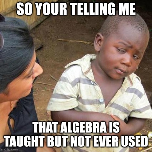 so your telling me | SO YOUR TELLING ME; THAT ALGEBRA IS TAUGHT BUT NOT EVER USED | image tagged in memes,third world skeptical kid | made w/ Imgflip meme maker