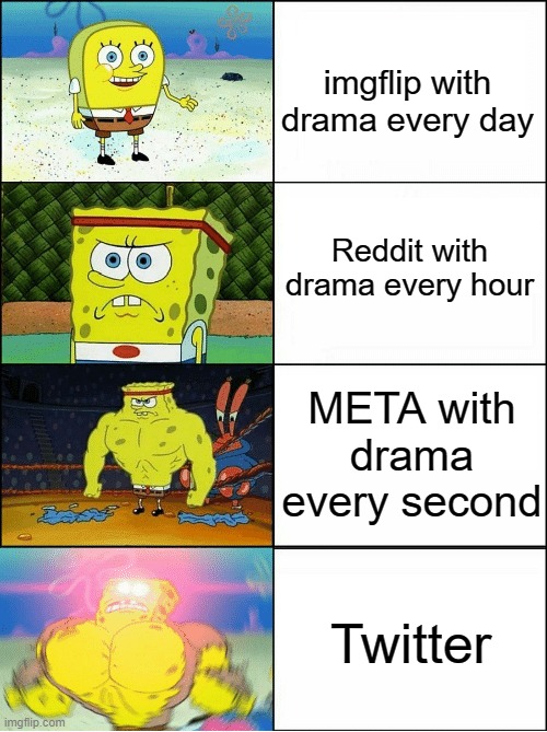 consider yourselves lucky.  just saying. | imgflip with drama every day; Reddit with drama every hour; META with drama every second; Twitter | image tagged in sponge finna commit muder | made w/ Imgflip meme maker