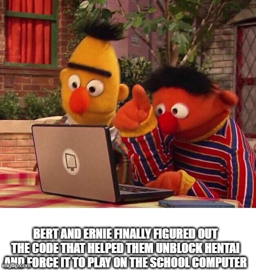 oh no | BERT AND ERNIE FINALLY FIGURED OUT THE CODE THAT HELPED THEM UNBLOCK HENTAI AND FORCE IT TO PLAY ON THE SCHOOL COMPUTER | image tagged in bert and ernie computer | made w/ Imgflip meme maker