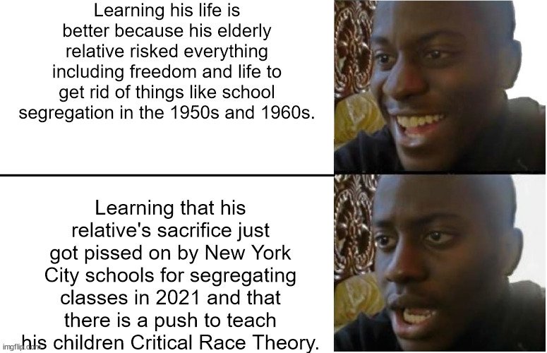 If you thought NYC schools couldn't get worse with Rubber Rooms and pushing CRT then guess again. | Learning his life is better because his elderly relative risked everything including freedom and life to get rid of things like school segregation in the 1950s and 1960s. Learning that his relative's sacrifice just got pissed on by New York City schools for segregating classes in 2021 and that there is a push to teach his children Critical Race Theory. | image tagged in disappointed black guy,racism,school sucks,government corruption,political meme,memes | made w/ Imgflip meme maker