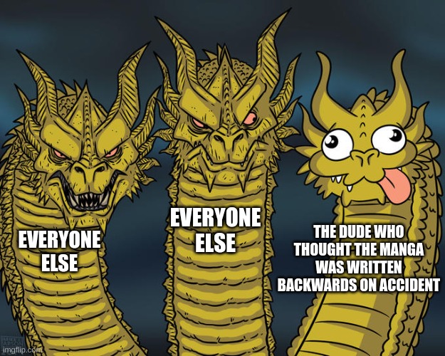Three-headed Dragon | EVERYONE ELSE EVERYONE ELSE THE DUDE WHO THOUGHT THE MANGA WAS WRITTEN BACKWARDS ON ACCIDENT | image tagged in three-headed dragon | made w/ Imgflip meme maker