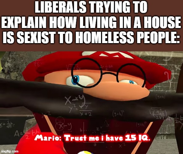 Liberals be like | LIBERALS TRYING TO EXPLAIN HOW LIVING IN A HOUSE IS SEXIST TO HOMELESS PEOPLE: | image tagged in trust me i have 15 iq | made w/ Imgflip meme maker