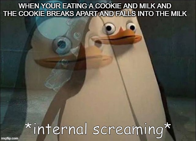 Private Internal Screaming | WHEN YOUR EATING A COOKIE AND MILK AND THE COOKIE BREAKS APART AND FALLS INTO THE MILK | image tagged in private internal screaming | made w/ Imgflip meme maker