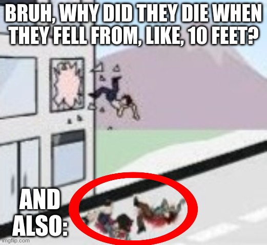 BRUH, WHY DID THEY DIE WHEN THEY FELL FROM, LIKE, 10 FEET? AND ALSO: | image tagged in funny memes | made w/ Imgflip meme maker