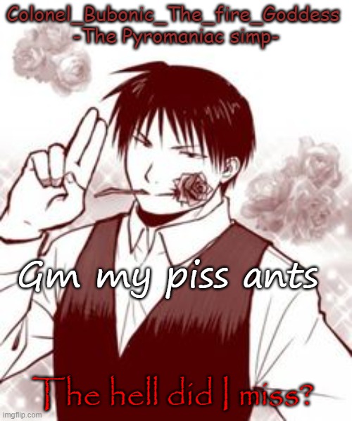 Yes a new temp stfu | Gm my piss ants; The hell did I miss? | image tagged in yes a new temp stfu | made w/ Imgflip meme maker