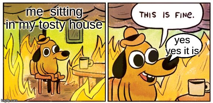 This Is Fine Meme | me  sitting in my tosty house; yes yes it is | image tagged in memes,this is fine | made w/ Imgflip meme maker