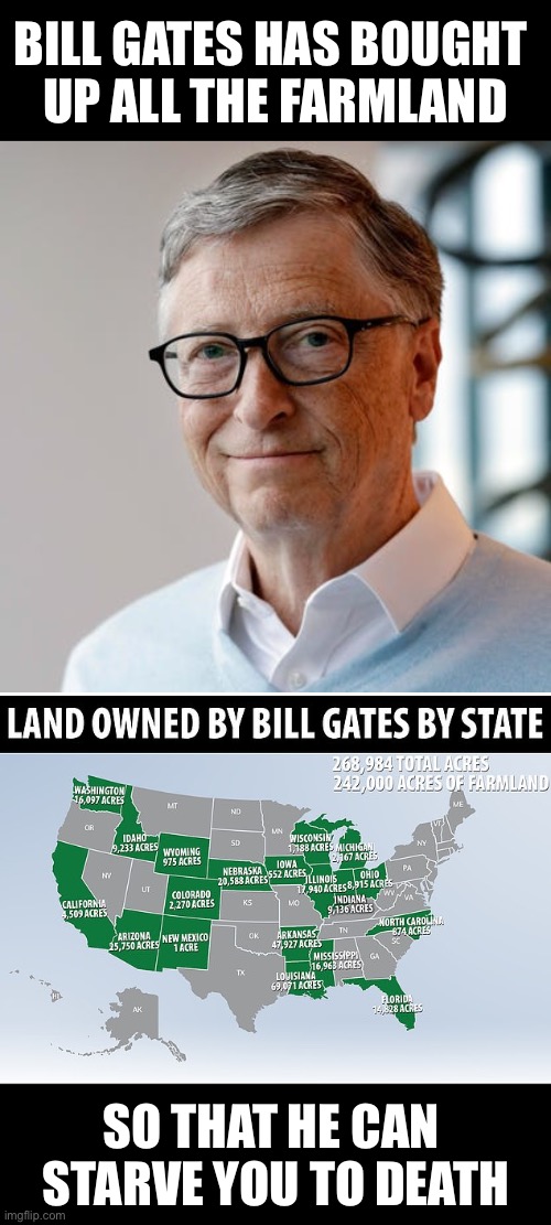 Bill Gates aims to starve you to death. | BILL GATES HAS BOUGHT 
UP ALL THE FARMLAND; SO THAT HE CAN 
STARVE YOU TO DEATH | image tagged in bill gates,dangerous,you are bad guy,democrat,democrat party,globalist | made w/ Imgflip meme maker