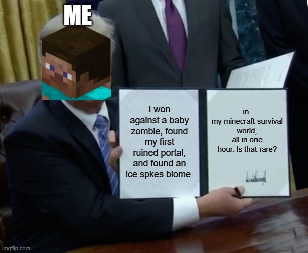 Is this rare? | ME; I won against a baby zombie, found my first ruined portal, and found an ice spkes biome; in 
my minecraft survival world, all in one hour. Is that rare? | image tagged in memes,trump bill signing | made w/ Imgflip meme maker