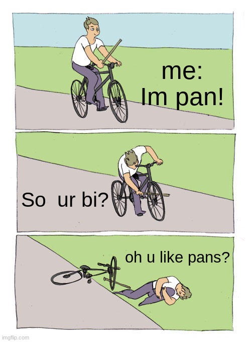 Bike Fall Meme | me: Im pan! So  ur bi? oh u like pans? | image tagged in memes,bike fall | made w/ Imgflip meme maker