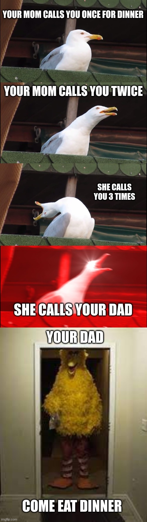 come eat dinner | YOUR MOM CALLS YOU ONCE FOR DINNER; YOUR MOM CALLS YOU TWICE; SHE CALLS YOU 3 TIMES; SHE CALLS YOUR DAD; YOUR DAD; COME EAT DINNER | image tagged in memes,inhaling seagull | made w/ Imgflip meme maker