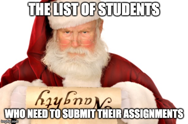 Student Naughty List | THE LIST OF STUDENTS; WHO NEED TO SUBMIT THEIR ASSIGNMENTS | image tagged in santa naughty list,submit your work,late work,late assignments | made w/ Imgflip meme maker