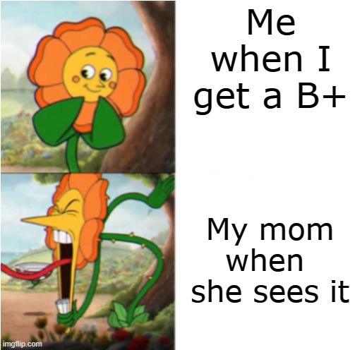 Why does my mother do this | Me when I get a B+; My mom when  she sees it | image tagged in reverse cuphead flower,memes | made w/ Imgflip meme maker