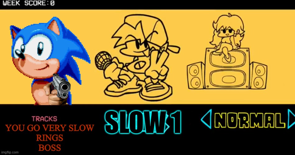friday sonic slow vs sonic | SLOW 1; YOU GO VERY SLOW
RINGS
BOSS | image tagged in fnf custom week | made w/ Imgflip meme maker