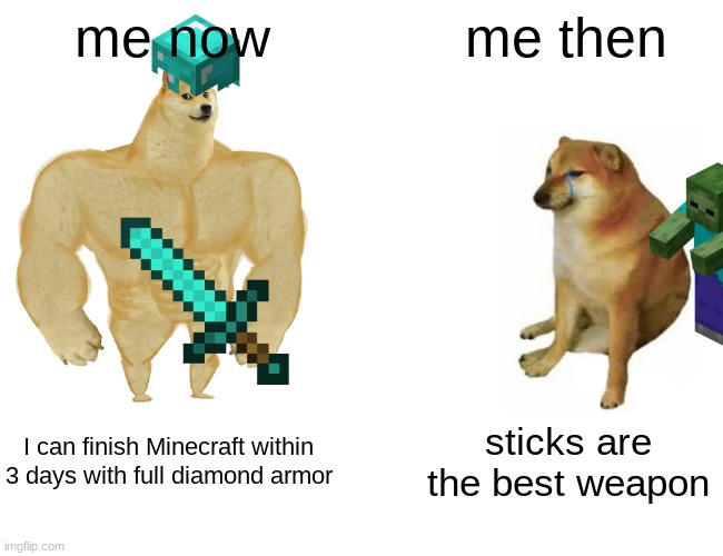 e | me now; me then; I can finish Minecraft within 3 days with full diamond armor; sticks are the best weapon | image tagged in memes,buff doge vs cheems,minecraft | made w/ Imgflip meme maker