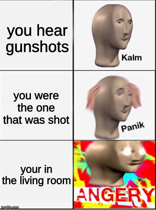 haha, funny how things work out this way. | you hear gunshots; you were the one that was shot; your in the living room | image tagged in reverse kalm panik,angery | made w/ Imgflip meme maker