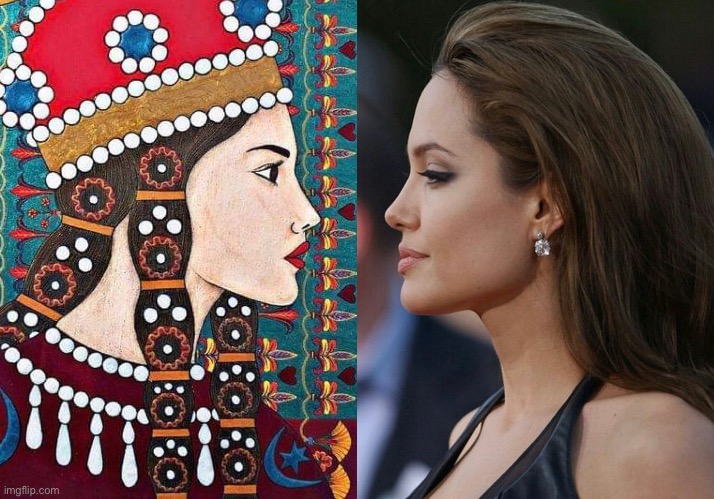 Angelia Jolie and Queen Boran of Eran Shahr, 630 AD | image tagged in doppelgnger,angelina jolie | made w/ Imgflip meme maker