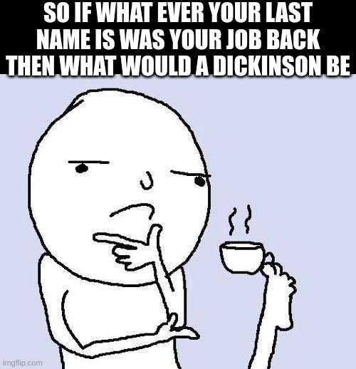 thinking meme | SO IF WHATEVER YOUR LAST NAME IS WAS YOUR JOB BACK THEN WHAT WOULD A DICKINSON BE | image tagged in thinking meme | made w/ Imgflip meme maker