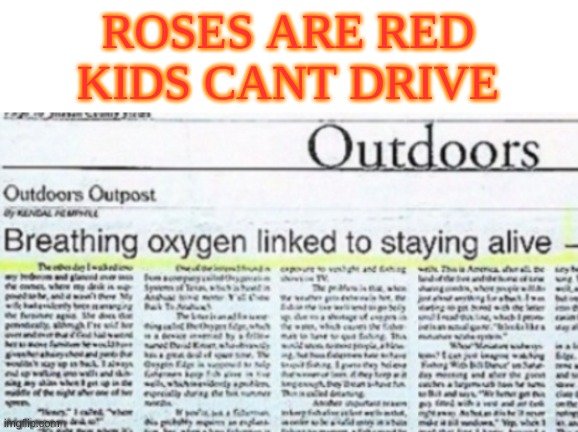 *The most clever title* | ROSES ARE RED
KIDS CANT DRIVE | image tagged in roses are red,funny memes | made w/ Imgflip meme maker