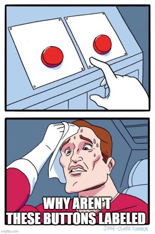 confusion | WHY AREN'T THESE BUTTONS LABELED | image tagged in memes,two buttons | made w/ Imgflip meme maker